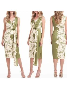 NEW Kay Unger Satin Floral Draped Sheath Dress